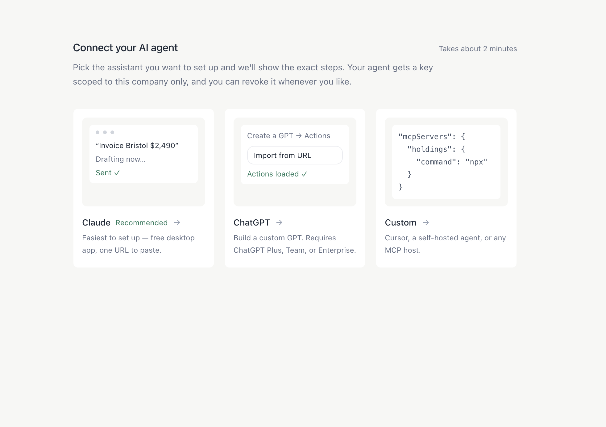Connect your AI agent — Claude, ChatGPT or Custom