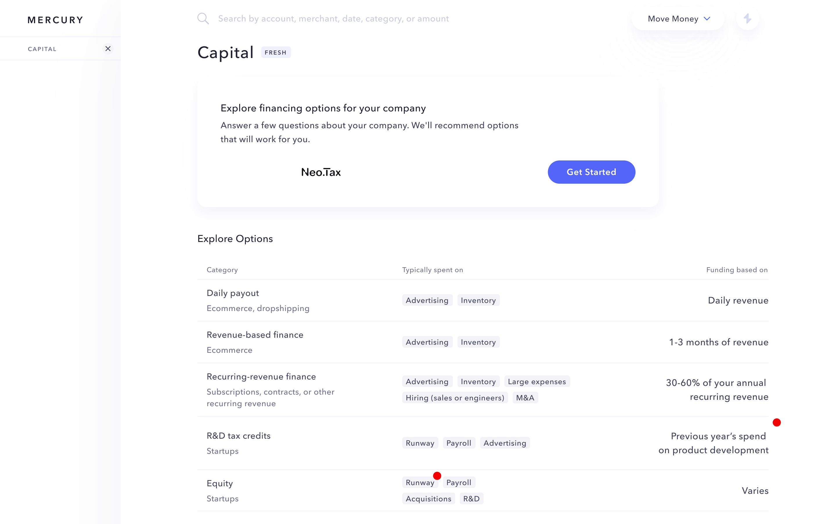 Earlier table version of Capital explore options